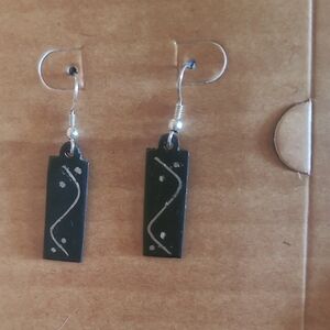 Handmade Black Rectangular Dangle Earrings with Silver Accent